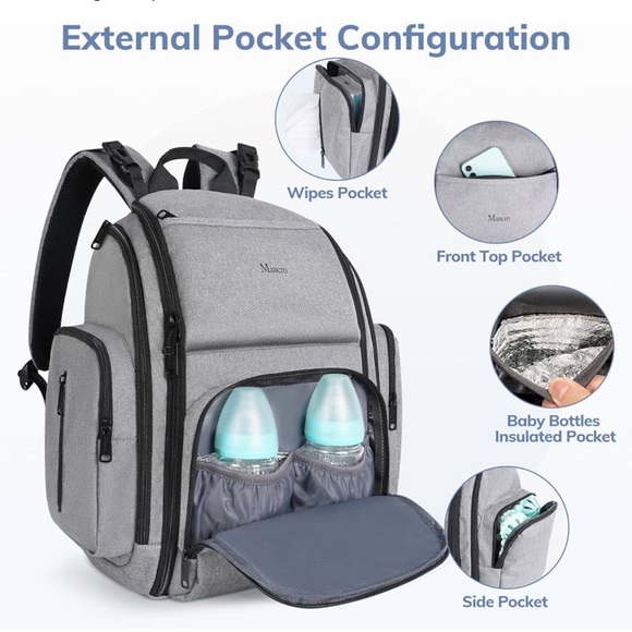 Mancro Diaper Bag Backpack Gray Waterproof Multicompartments Insulated Pockets - Picture 2 of 13
